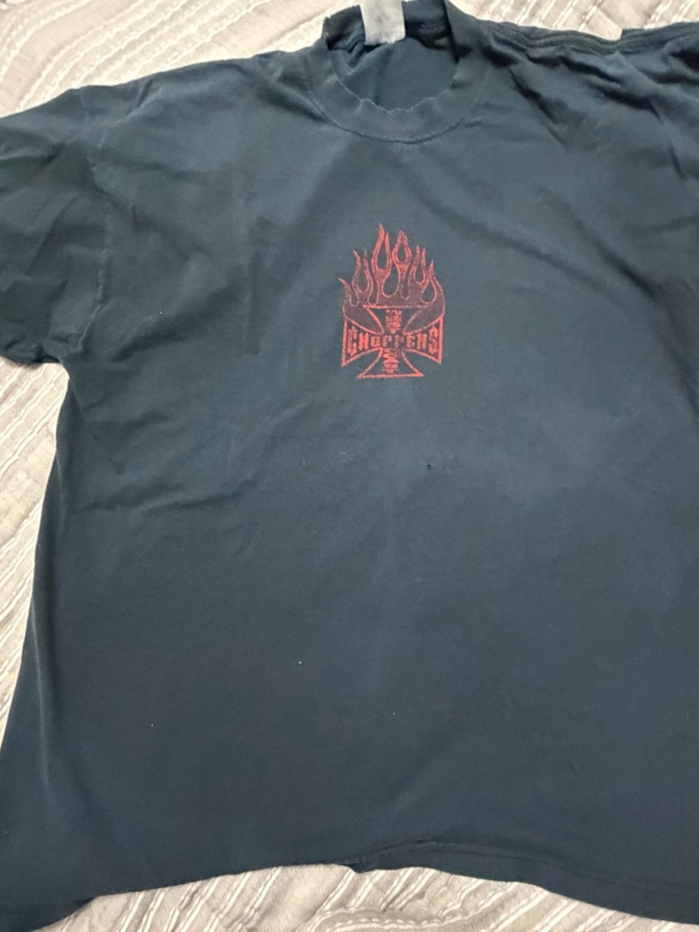 VINTAGE WEST COAST CHOPPER Classic Black Graphic T‑Shirt with Red Flame Logo